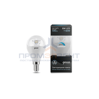 Лампа Gauss LED Globe-dim Crystal Clear E14 6W 4100K диммируемая 1/10/50
