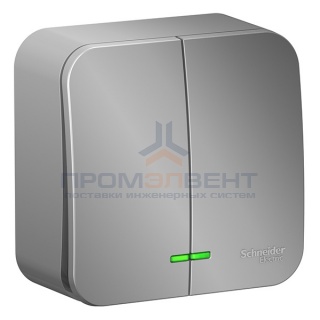 Выключатель 2-клавишный с подсветкой (cх.5) Blanca Schneider Electric 10А 250В алюминий из.пластина